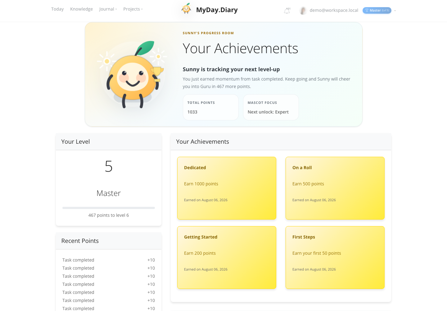 MyDay Gamification, Levels, and Habit Achievements